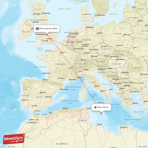 Malta - Birmingham direct flight map