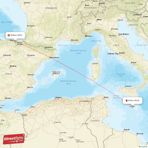 Malta - Bilbao direct flight map