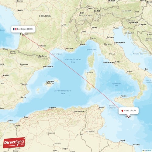 Malta - Bordeaux direct flight map