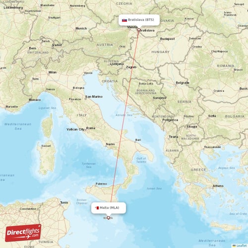 Malta - Bratislava direct flight map