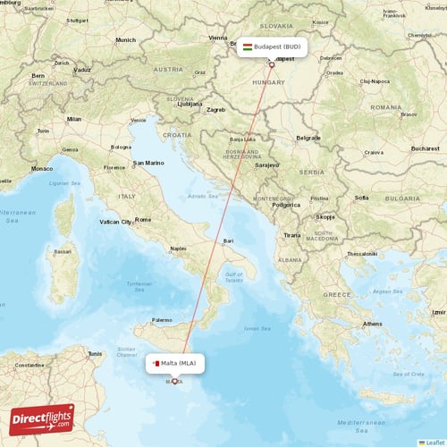 Malta - Budapest direct flight map