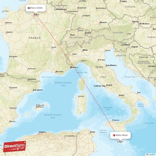 Malta - Paris direct flight map