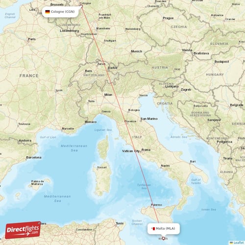 Malta - Cologne direct flight map