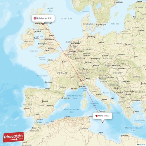 Malta - Edinburgh direct flight map