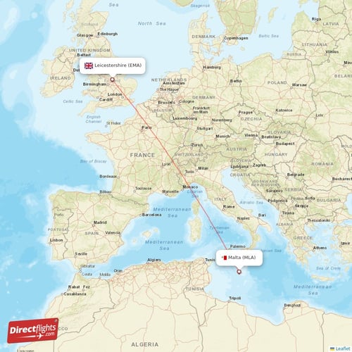 Malta - Leicestershire direct flight map