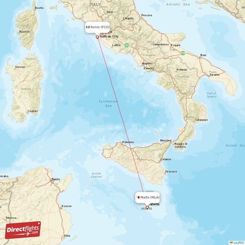 Malta - Rome direct flight map