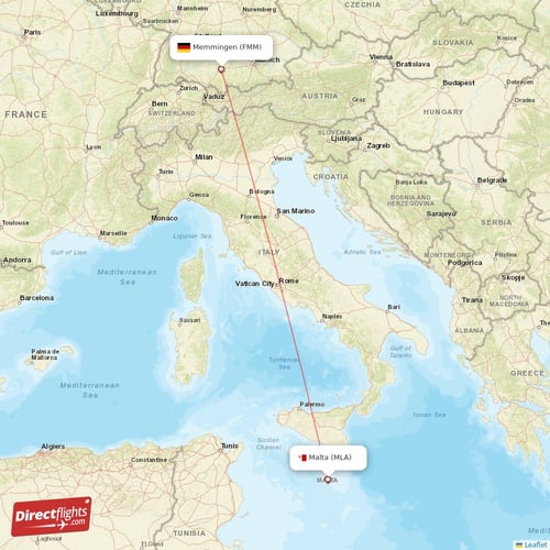 Malta - Memmingen direct flight map