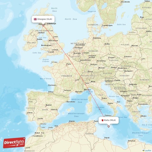 Malta - Glasgow direct flight map