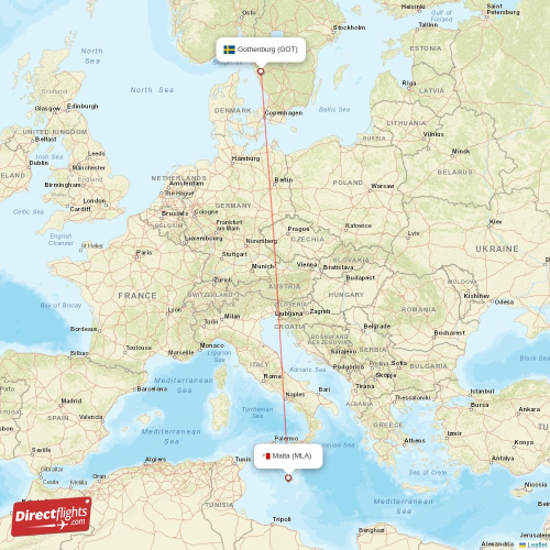 Malta - Gothenburg direct flight map