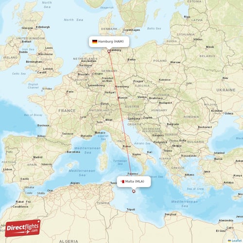 Malta - Hamburg direct flight map