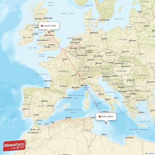 Malta - Leeds direct flight map