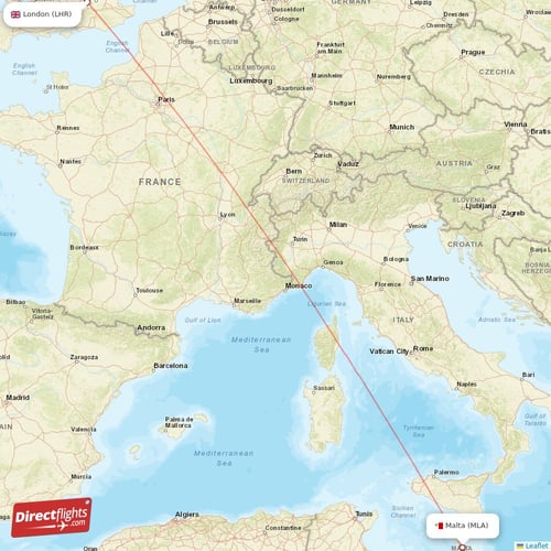Malta - London direct flight map