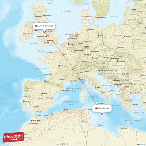 Malta - Liverpool direct flight map
