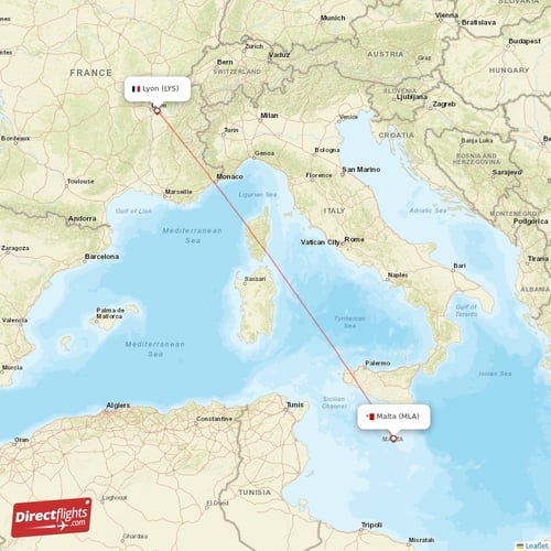 Malta - Lyon direct flight map
