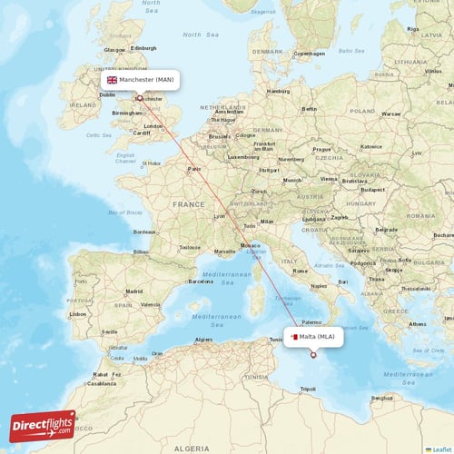 Malta - Manchester direct flight map