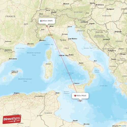 Malta - Milan direct flight map