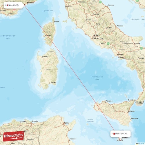 Malta - Nice direct flight map