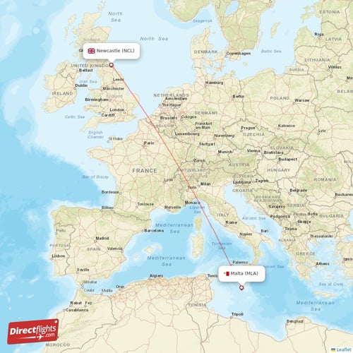 Malta - Newcastle direct flight map