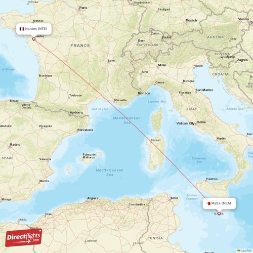 Malta - Nantes direct flight map