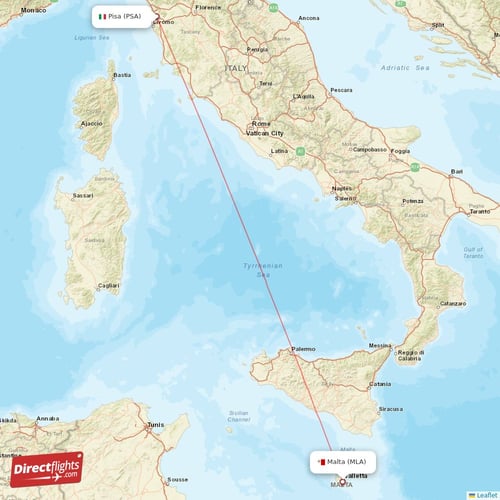 Malta - Pisa direct flight map