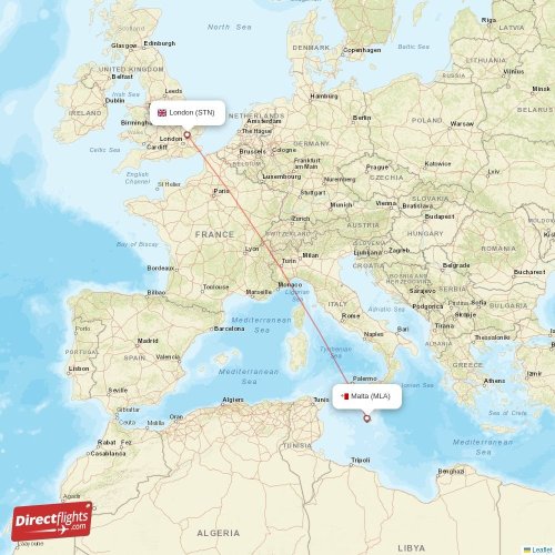 Malta - London direct flight map