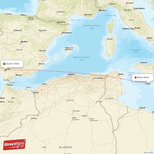 Malta - Sevilla direct flight map