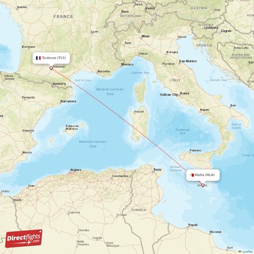 Malta - Toulouse direct flight map
