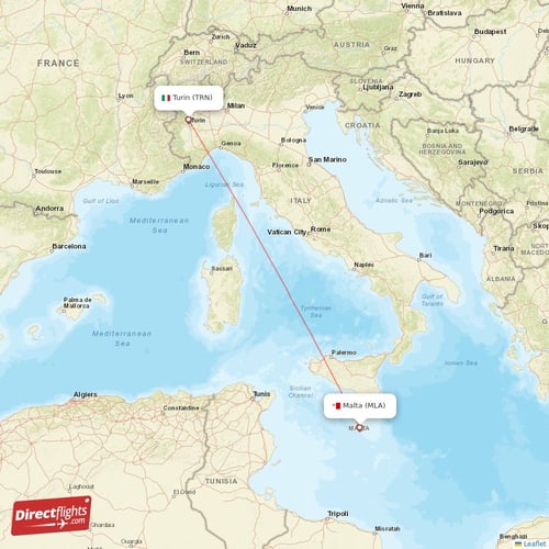 Malta - Turin direct flight map