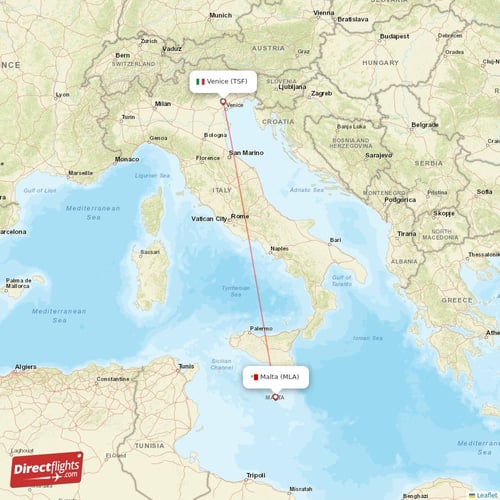 Malta - Venice direct flight map