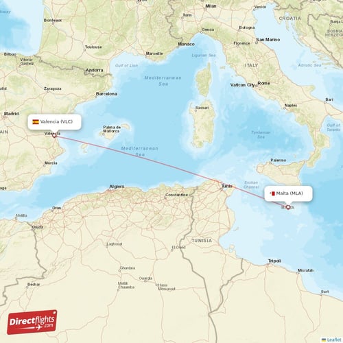 Malta - Valencia direct flight map