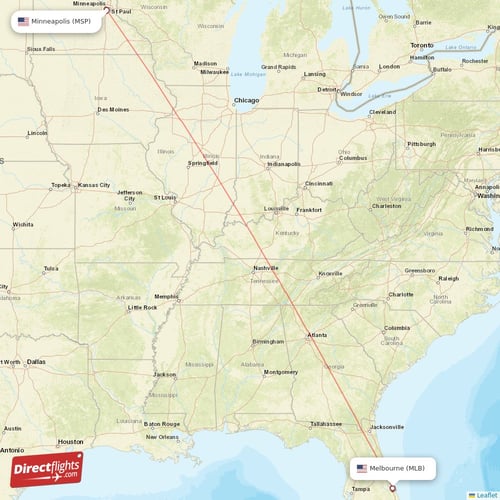 Melbourne - Minneapolis direct flight map
