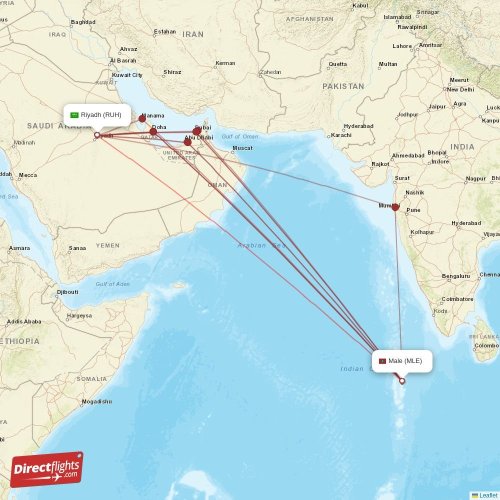 Male - Riyadh direct flight map
