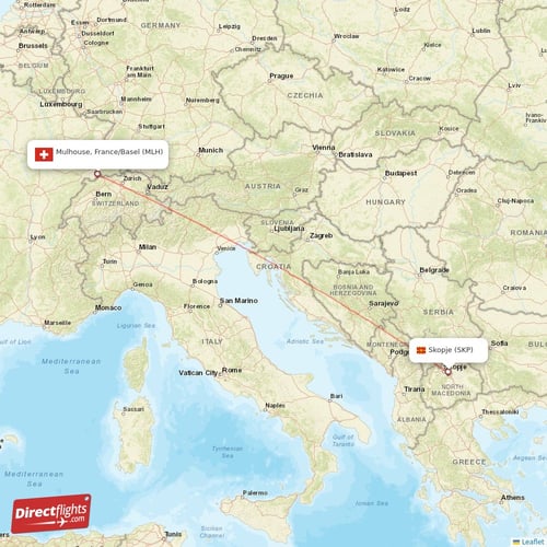 Mulhouse, France/Basel - Skopje direct flight map