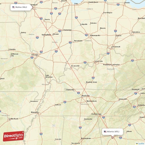 Moline - Atlanta direct flight map