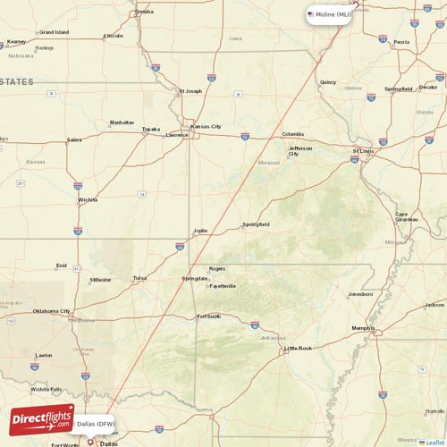 Moline - Dallas direct flight map