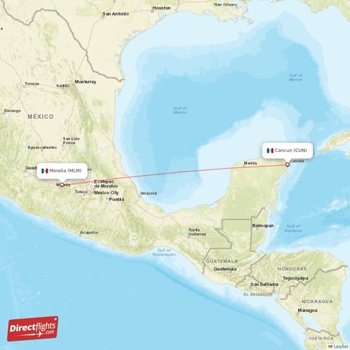 Morelia - Cancun direct flight map
