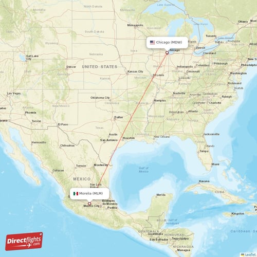 Morelia - Chicago direct flight map