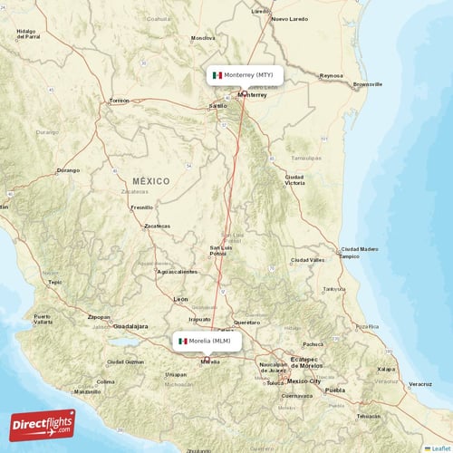 Morelia - Monterrey direct flight map