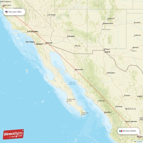 Morelia - San Jose direct flight map