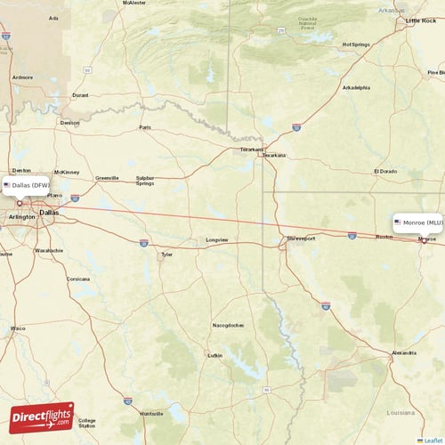 Monroe - Dallas direct flight map
