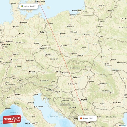 Malmo - Skopje direct flight map