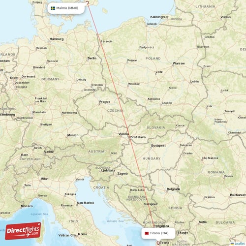 Malmo - Tirana direct flight map