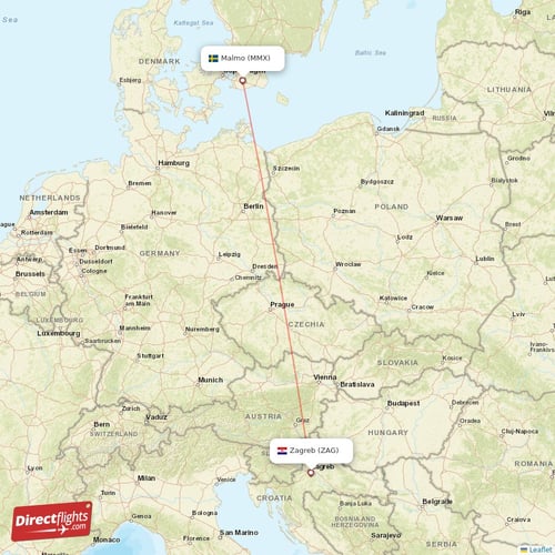 Malmo - Zagreb direct flight map