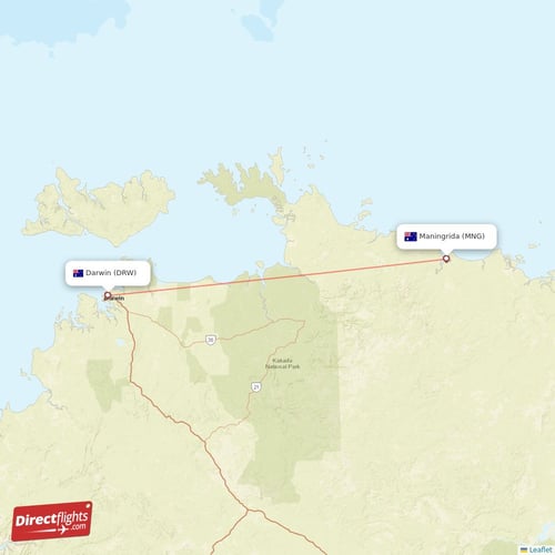 Maningrida - Darwin direct flight map