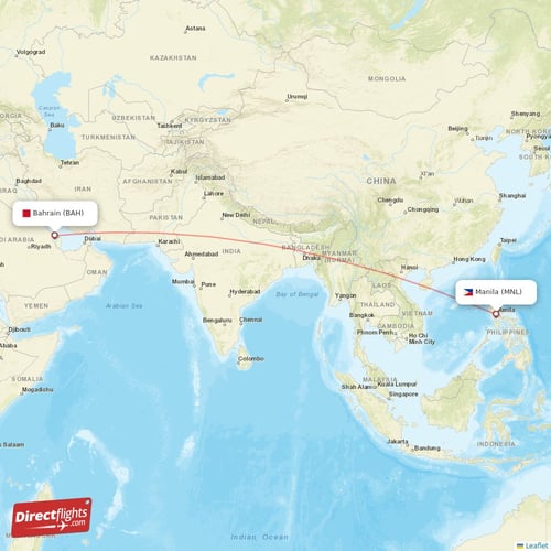 Manila - Bahrain direct flight map