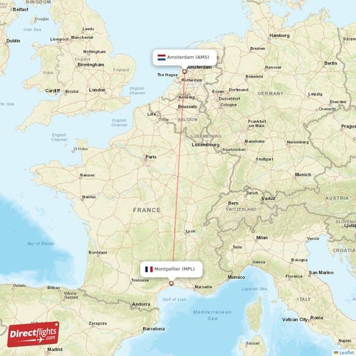 Montpellier - Amsterdam direct flight map