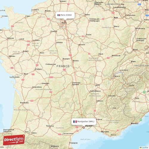 Montpellier - Paris direct flight map