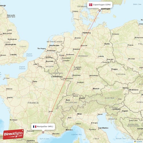 Montpellier - Copenhagen direct flight map