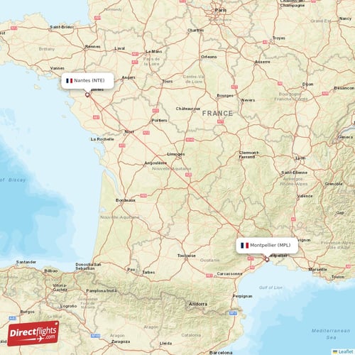 Montpellier - Nantes direct flight map