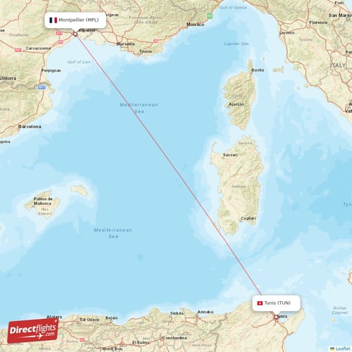 Montpellier - Tunis direct flight map